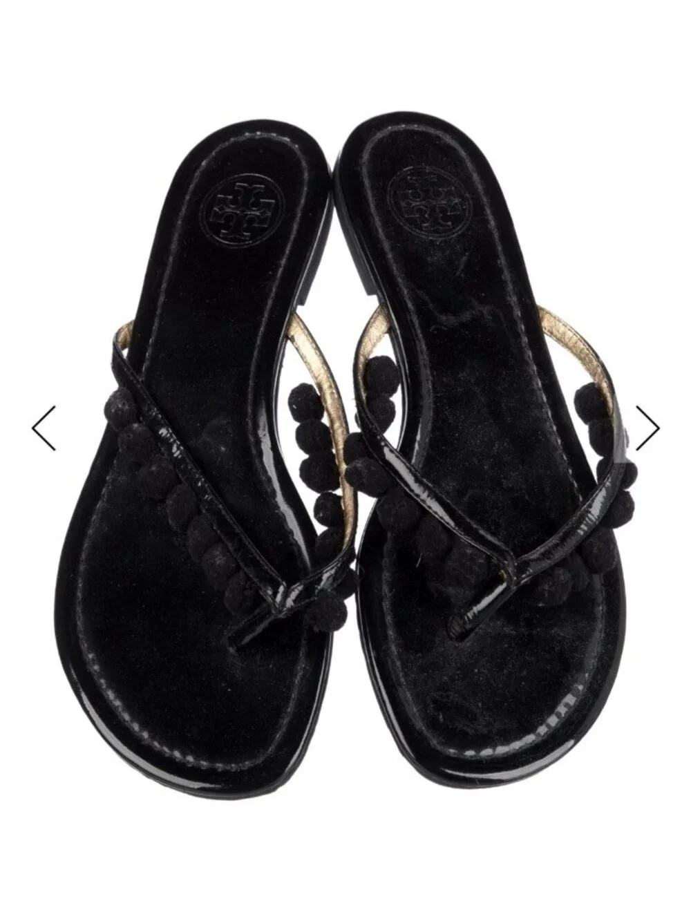 Tory Burch Authentic Women’s Size 7 Black Patent Pom Pom Thong Flip Flop Sandals